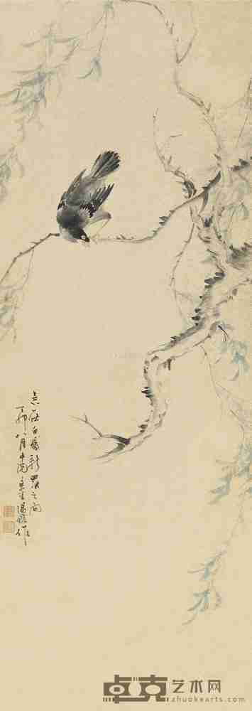 汤鋐 丁卯（1867）年作 春柳八哥 立轴 130×46cm
