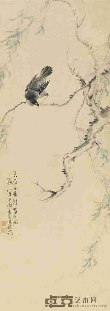 汤鋐 丁卯(1867)年作 春柳八哥 立轴 130×46cm