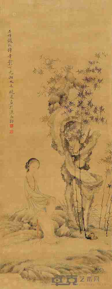 姜晓泉 竹石仕女 立轴 91×35cm