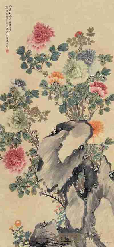 汤世澍 乙未(1895)年作 富贵牡丹 立轴 131×61cm