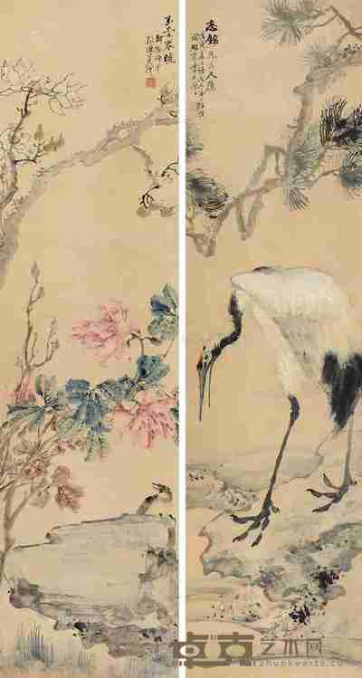 王礼 戊寅(1878)年作 玉堂春晓 (两幅) 立轴 149×39cm×2