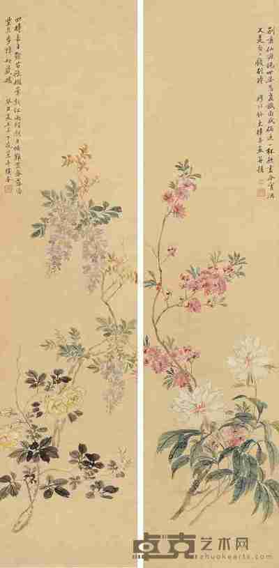 侯春 花卉图 (三幅选二) 镜片 131×31cm×3