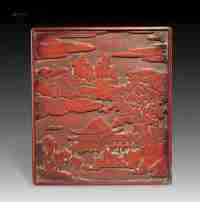清 红雕漆山水人物方盒