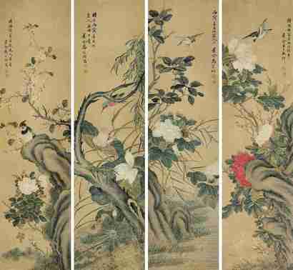 马家桐 丙寅（1866年）作 花鸟 四屏