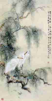 蔡敬翔 甲子（1984年）作 柳溪双鹭 立轴
