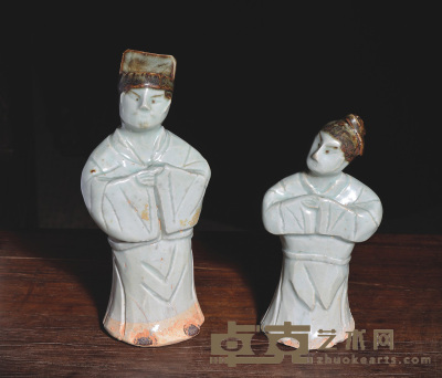 宋　青白瓷将乐窑 雕塑男女像一对 男高16.5cm女高14cm