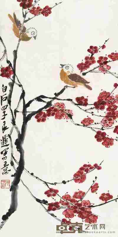 齐良迟 红梅小鸟 立轴 68×33.5cm