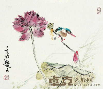 陆越子 荷中翠鸟 镜片 45×52.5cm