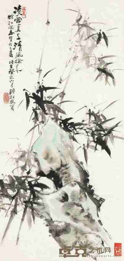 韩敏 癸亥（1983）年作 竹石图 镜片 97×48cm