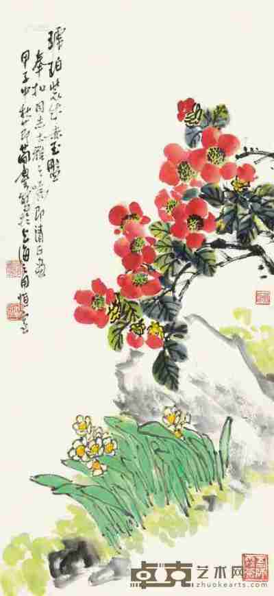 曹简楼 甲子（1984）年作 仙草红花 立轴 95×44cm