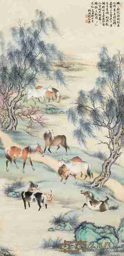 殷梓湘 己丑(1949)年作 柳荫散马 立轴 136×68cm