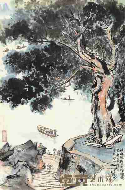金光瑜 壬戌（1982）年作 古榕渡头 镜片 65×44cm