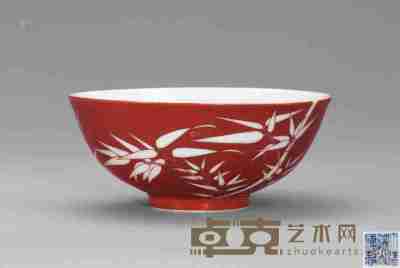 清道光 珊瑚红地竹纹碗 直径11.2cm