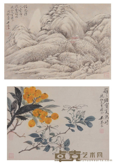 吴琴木 山水、花卉 21×30.5cm×2