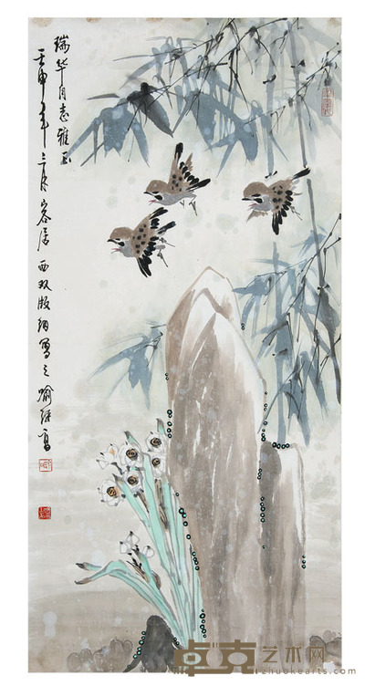 喻继高 竹雀图 93×45cm