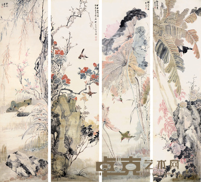 柳君然 花鸟 173×46cm×4