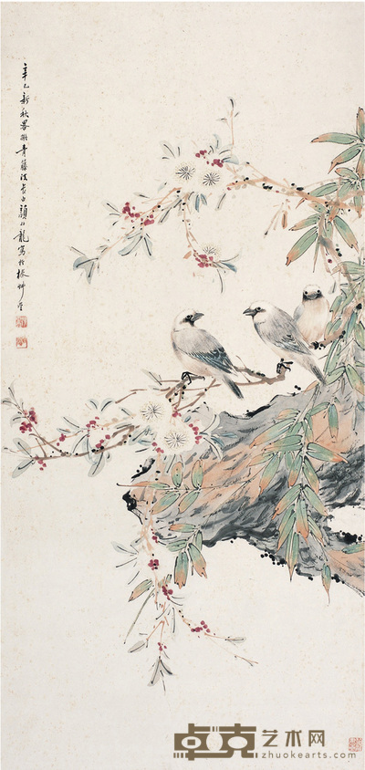 颜伯龙   桃花春禽图 91×42.5cm