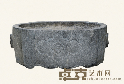 清·青石花卉纹瓜棱形石盆 45×32×18cm