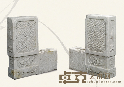清·汉白玉万字纹长方形门枕石一对 62×56×13cm