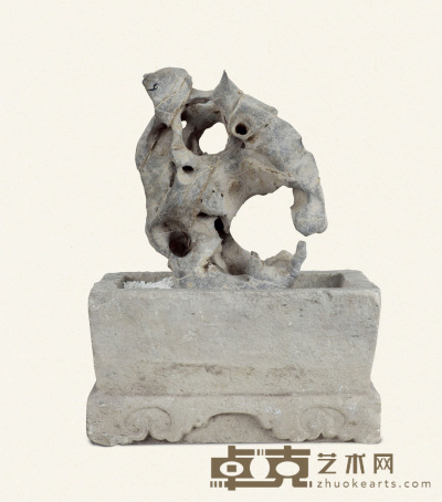 明·太湖石长方形石盆连赏石 64×45.5×31cm