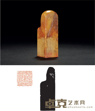 顿立夫刻寿山石松下高士薄意章 2.9×2.9×8.8cm