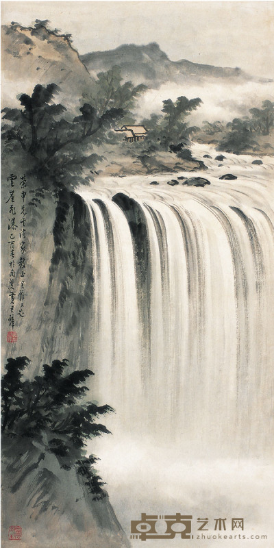 黄君璧 　 云涯飞瀑图 67×34cm