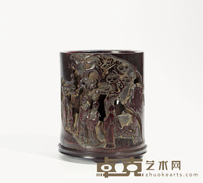 清·竹雕游春图笔筒 高：15cm 口径：12cm