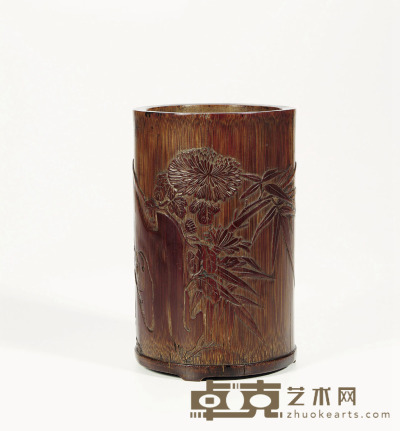 清·竹雕菊石图笔筒 高：14.5cm  口径：9.5cm
