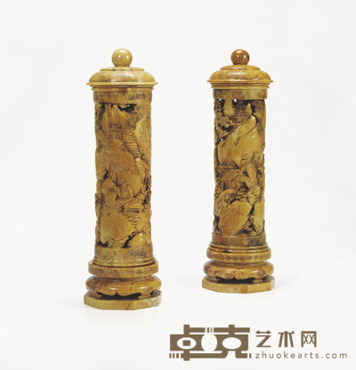 清·寿山石雕松石人物香筒一对 高：26cm