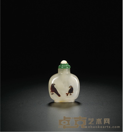 清·冰糖玛瑙巧雕双鹊鼻烟壶 高：6.5cm