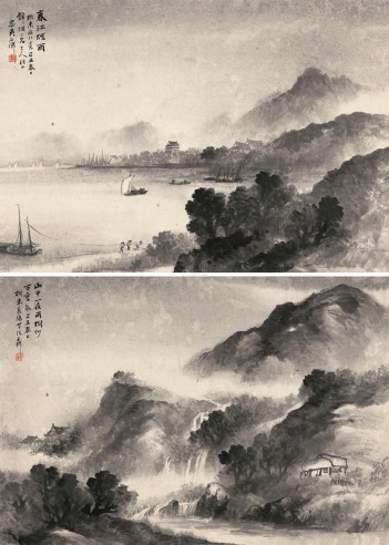 吴石仙 己丑（1889年）作 山水 （两帧） 镜心