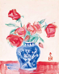 郭柏川 1961年作 青花瓷红玫瑰