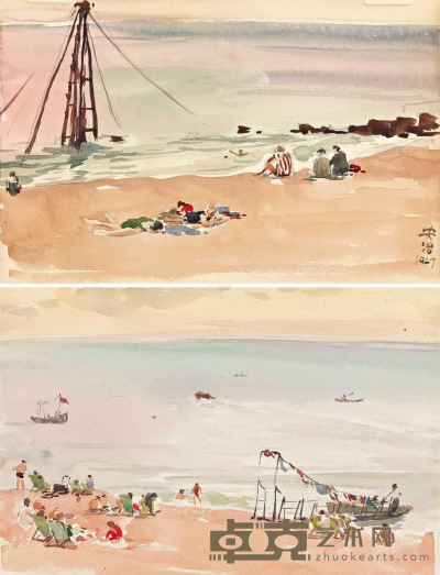 张安治 1947年作 英伦海滨（共两幅） 19×29cm×2