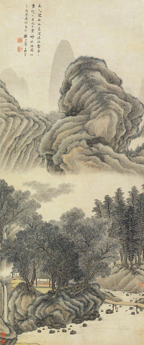 张崟 1818年作 仿元人山水 镜片_上海明轩