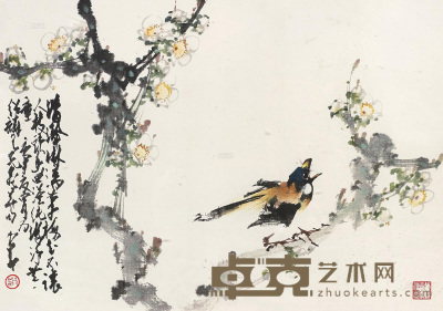 赵少昂 1980年作 梅花小鸟 镜框 38×55cm
