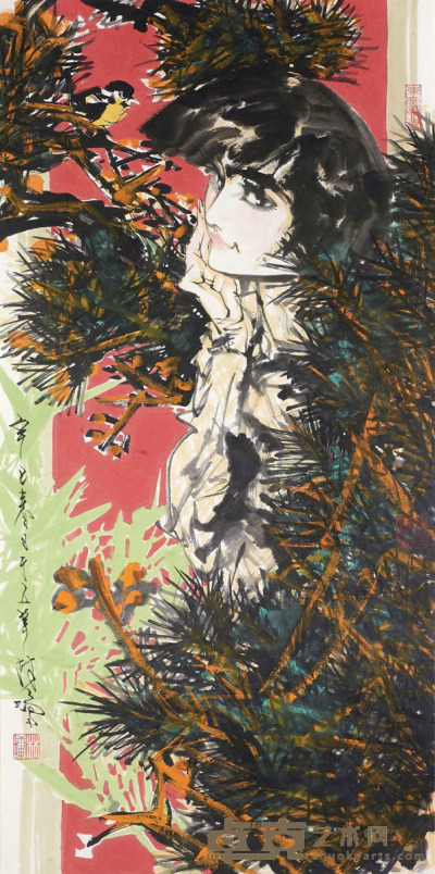 林墉 2001年作 少女 镜框 137.5×68cm