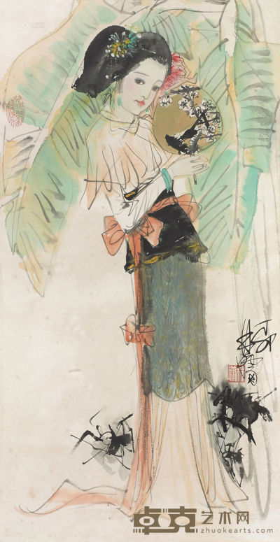 林墉 1987年作 执扇少女 镜框 97.5×50.5cm