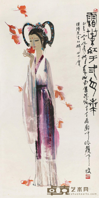 林墉 1979年作 霜叶红于二月花 镜框 136×67.5cm