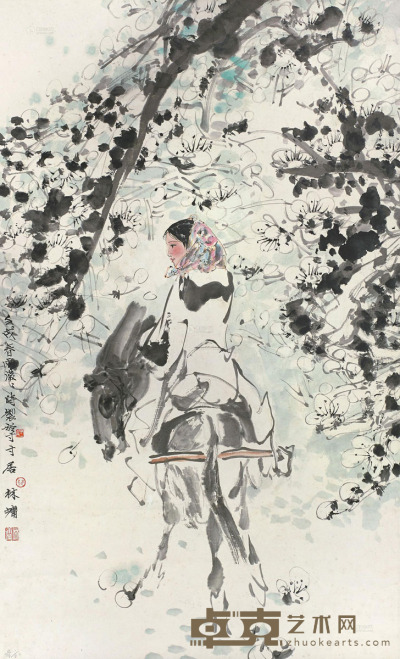 林墉 1982年作 梅花少女 立轴 95×57cm