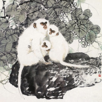 方楚雄 1987年作 三猴图 镜框