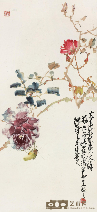赵少昂 杨善深 1947年作 月季草虫 立轴 67.5×31cm