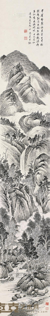 温其球 1934年作 石桥观瀑 立轴 159.5×25.5cm