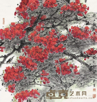 陈永锵 甲午（2014）年作 龙舟鼓点凤凰红 镜框 124×124cm