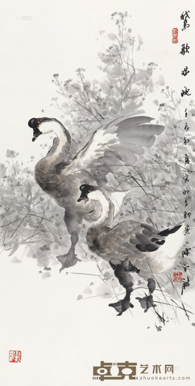 陈永锵 壬辰（2012）年作 鹅歌唱晚 镜框 138×68cm