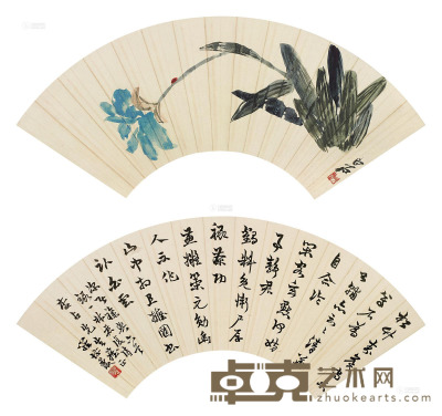 齐白石 罗惇 蝴蝶兰瓢虫 书法 镜框 （二开） 16.5×51cm×2