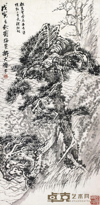 刘海粟 1938年作 老松波澜图 镜框 108.5×53cm