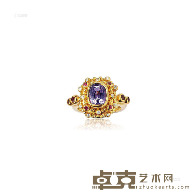 2克拉天然紫色尖晶石配红宝石、钻石戒指 --