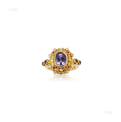 2克拉天然紫色尖晶石配红宝石、钻石戒指