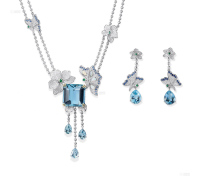 天然海蓝宝石配欧泊、钻石项链、耳环「蝶恋花」套装