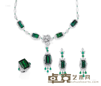 天然绿碧玺配祖母绿、钻石项链、耳环及戒指「荷香」套装 --